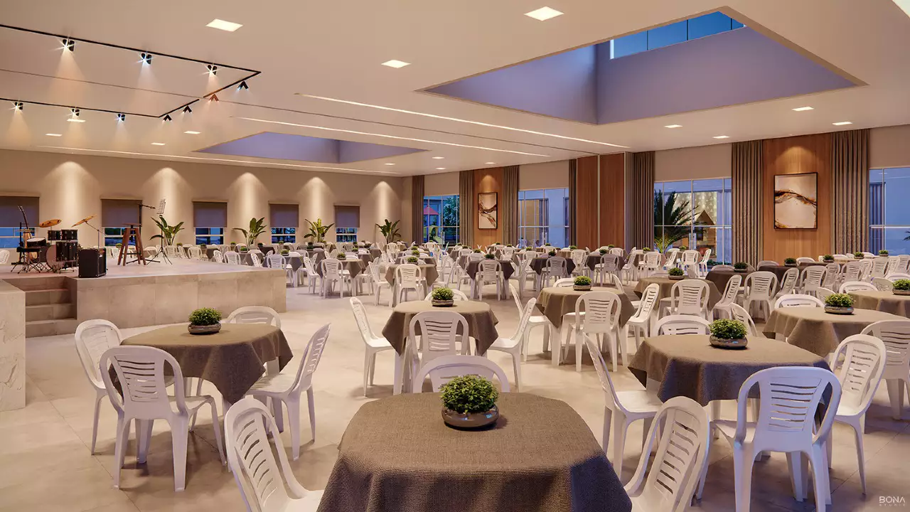 Salão de festas amplo do Garden Club Residence