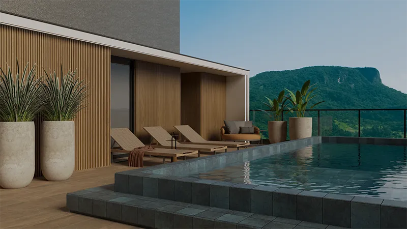 Área de lazer com piscina com borda infinita do Royal Tower