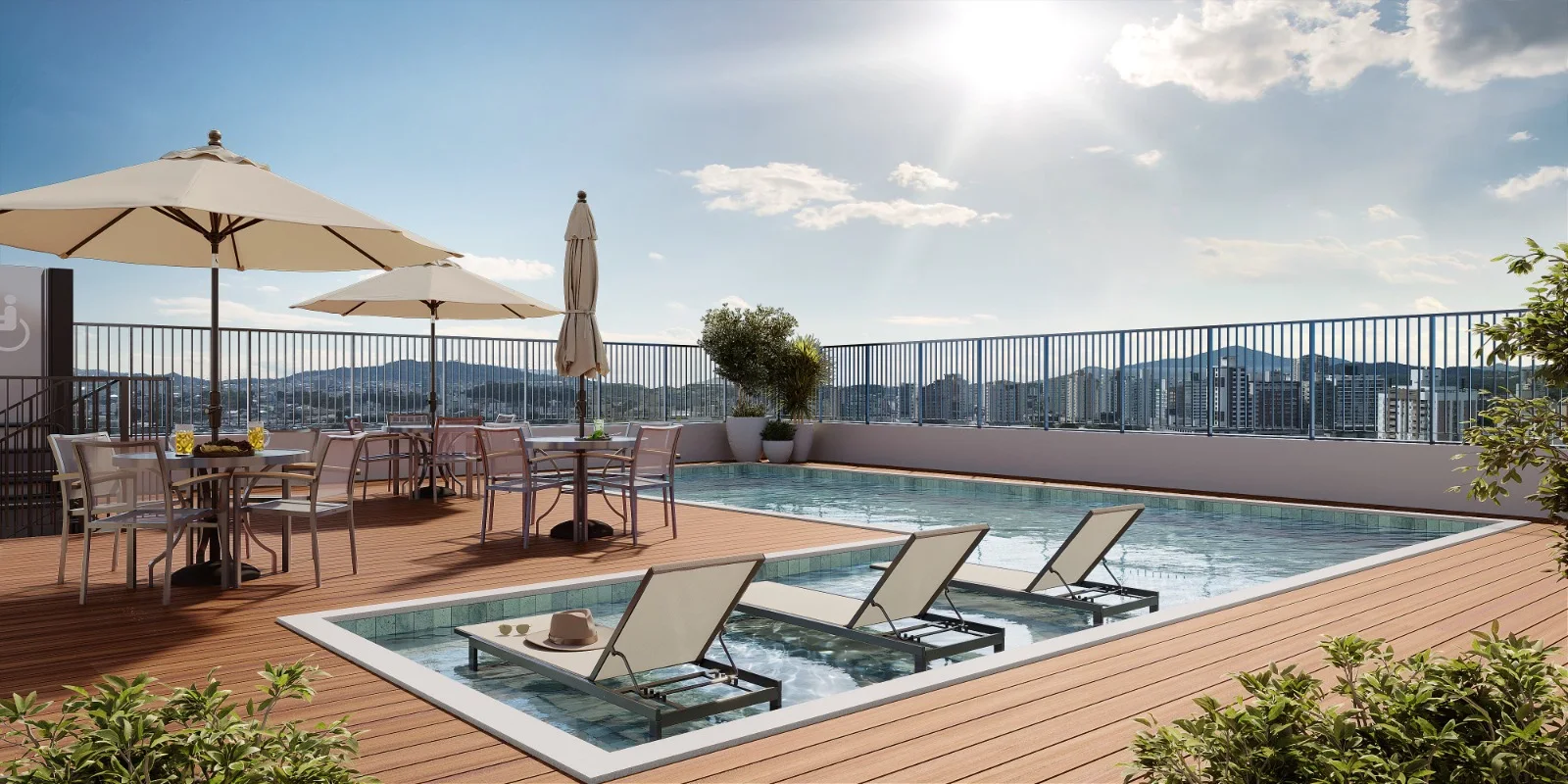 Área de lazer com piscina adulto e infantil no rooftop do View Residence em Palhoça/SC